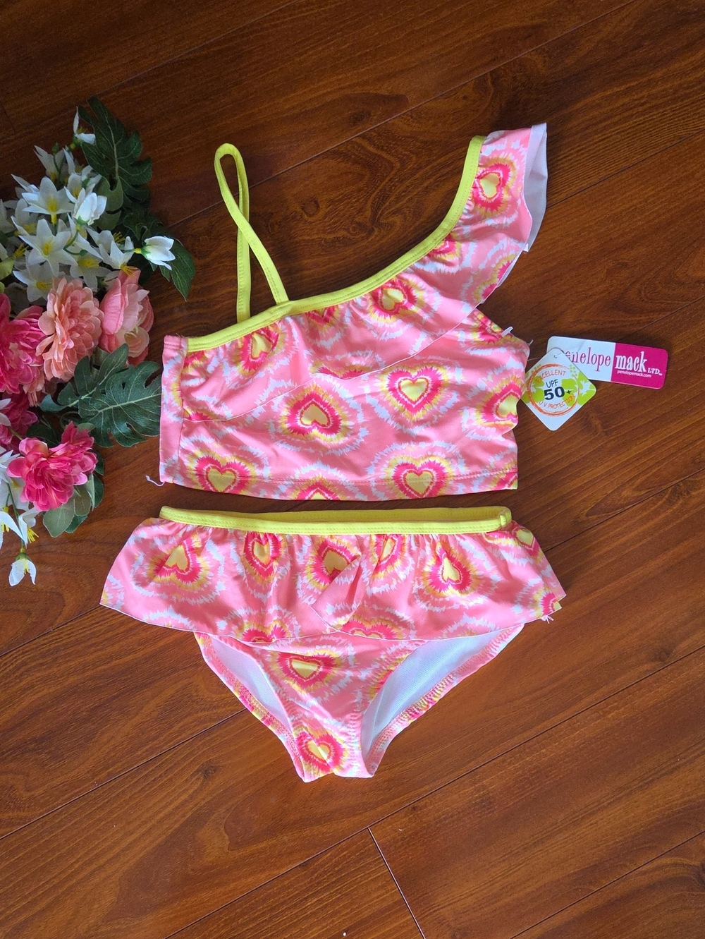 Penelope Mack Orange, Yellow & Pink Heart Ruffle 2pc Swimwear Size Girls 10
